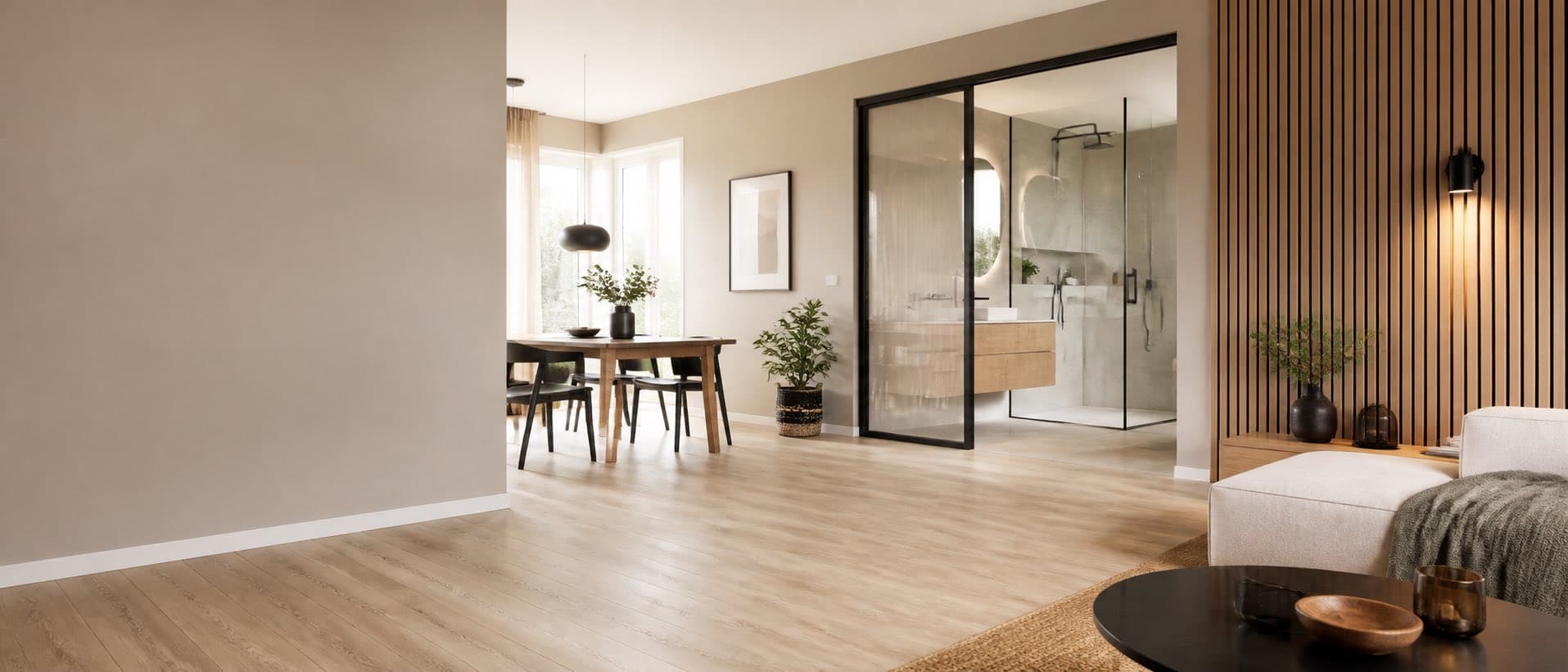 Modern renovierter Wohnbereich mit Holzlamellen, Glas und hellem Boden