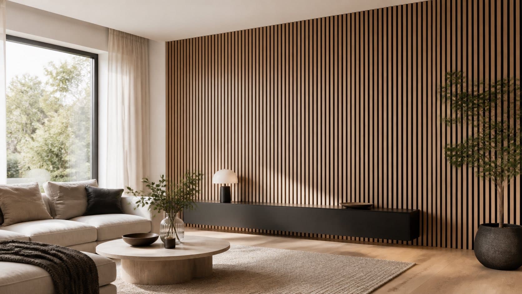 Wohnzimmer mit hochwertiger Lamellenwand aus Holz