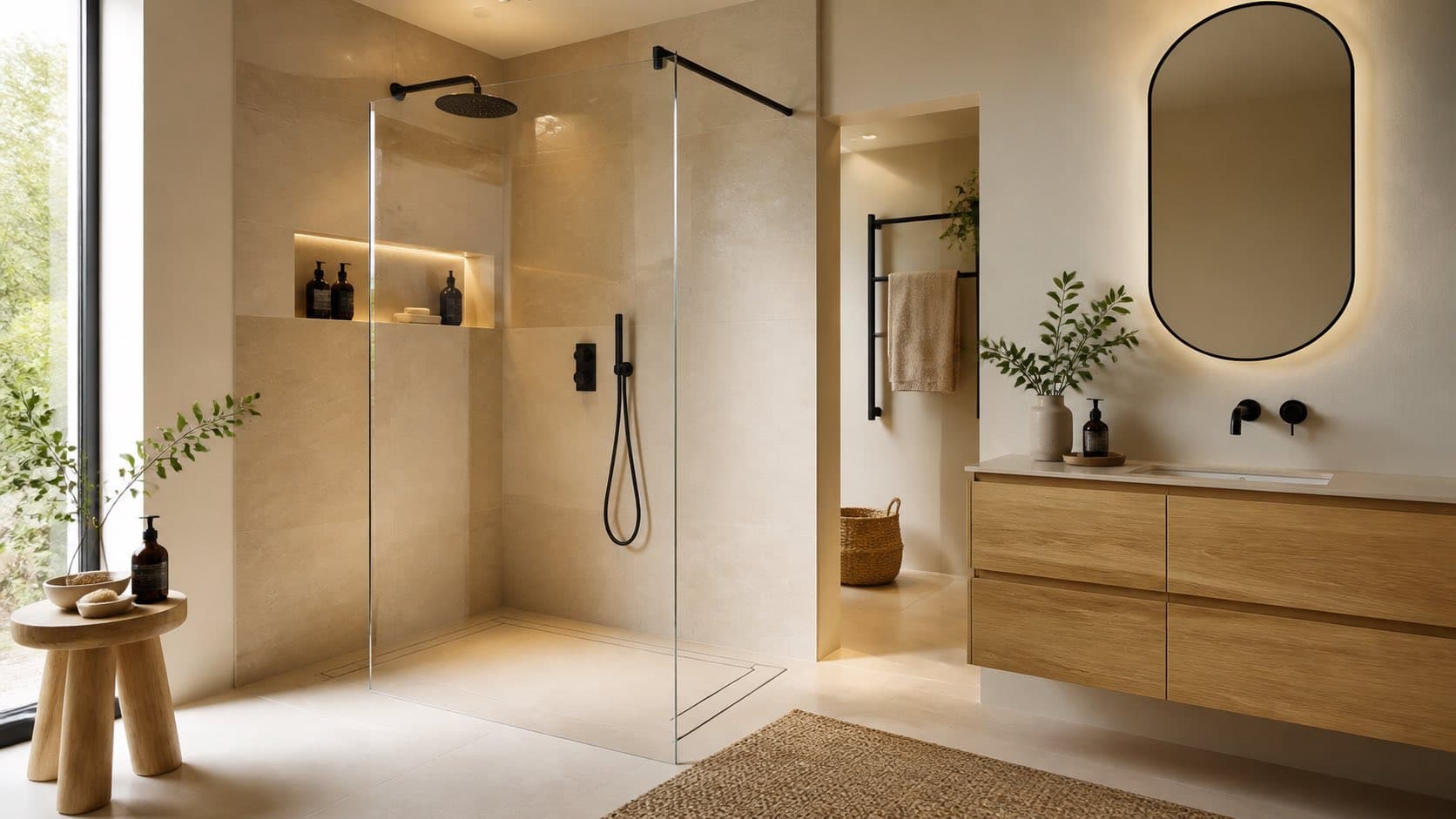 Helles Badezimmer mit transparenter Glasdusche