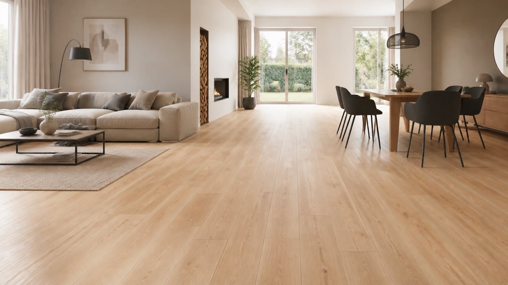 Durchgehender Boden in warmer Holzoptik