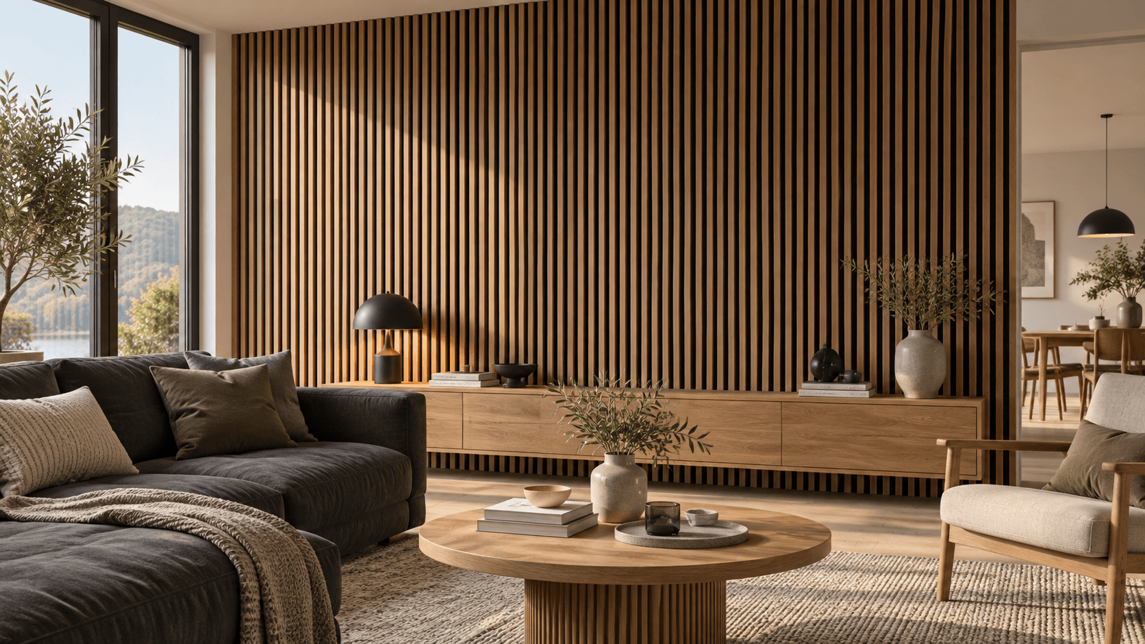 Wohnzimmer mit moderner Wand aus Akustikpaneelen